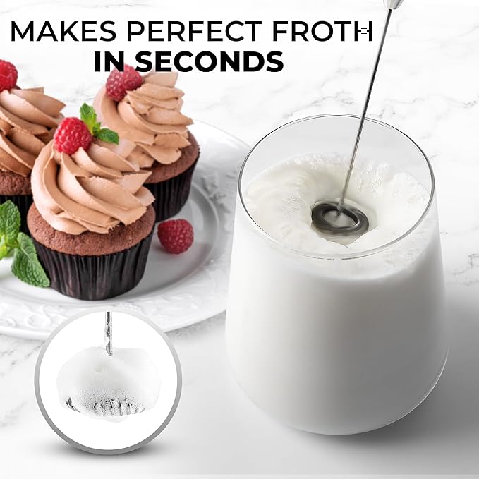 Zulay Kitchen Powerful Milk Frother Wand With 4 AA Duracell Batteries - Ultra Fast Handheld Drink Mixer - Electric Whisk Foam Maker for Coffee, Lattes, Cappuccino, Matcha & Creamer -