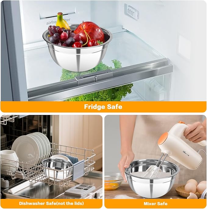 7 Piece Metal Mixing Bowls with Lids Set, Stainless Steel Nesting Design Salad Mixing Bowl Set for Kitchen Cooking, Baking, Prepping and Serving Food (Size 0.7, 1.1, 1.5, 2.1, 3.5, 4, 4.5QT)