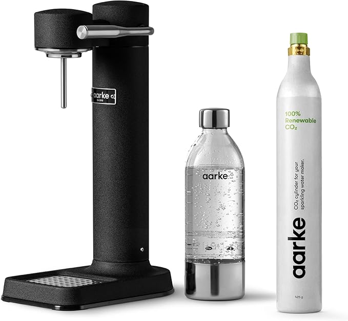 Aarke Carbonator lll with CO2 Cylinder, Sparkling & Carbonation Water Machine, Stainless Steel with PET BPA-Free Reusable Bottle Volume 1L/34 fl oz (Matte Black)