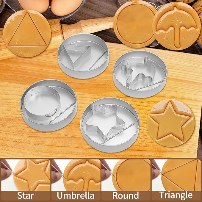4 Set Korean Dalgona Cookie Kit, Sugar Game Cookie Set with Stainless Steel Round, Star, Umbrella, Triangle Cookie Cutters for DIY Baking & Home Party