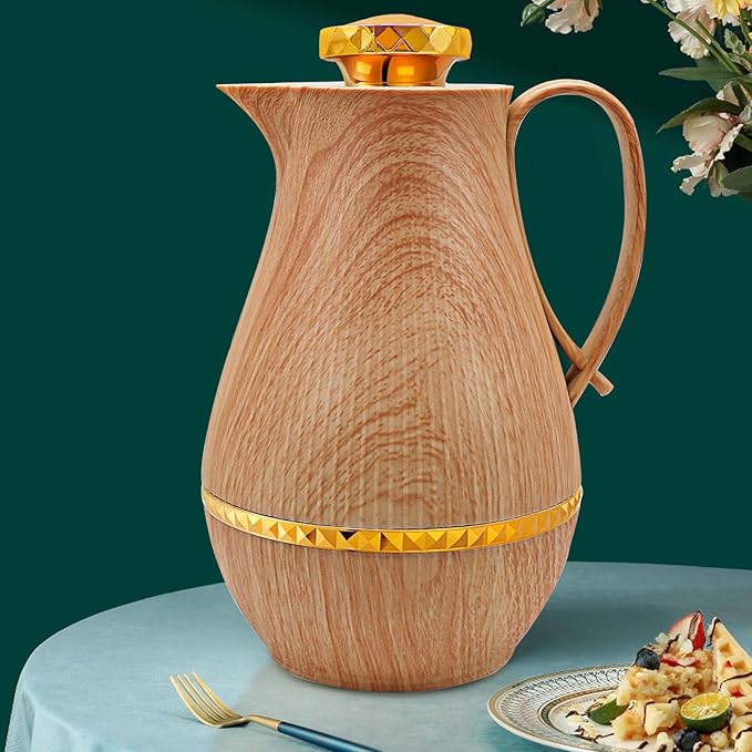 Insulated Thermal Coffee Carafe, 33 oz, Luxury Arabic-Style Insulated Carafe Flask, Coffee Tea Pot, with Spout and Glass Liner for Hot Cold Water, Housewarming Ornaments (Wood Color)