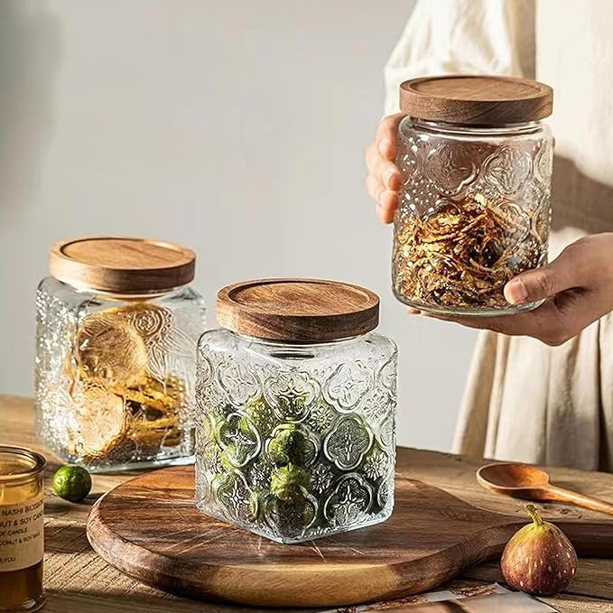 Snminetal Vintage Glass Airtight Storage Jar, With Airtight Wood Lid, Kitchen Food Storage Containers,for Kitchen Counter, Pantry, Tea, Sugar, Coffee Tea Beans,Flour,Food Storage Jar (Sunflower*2)