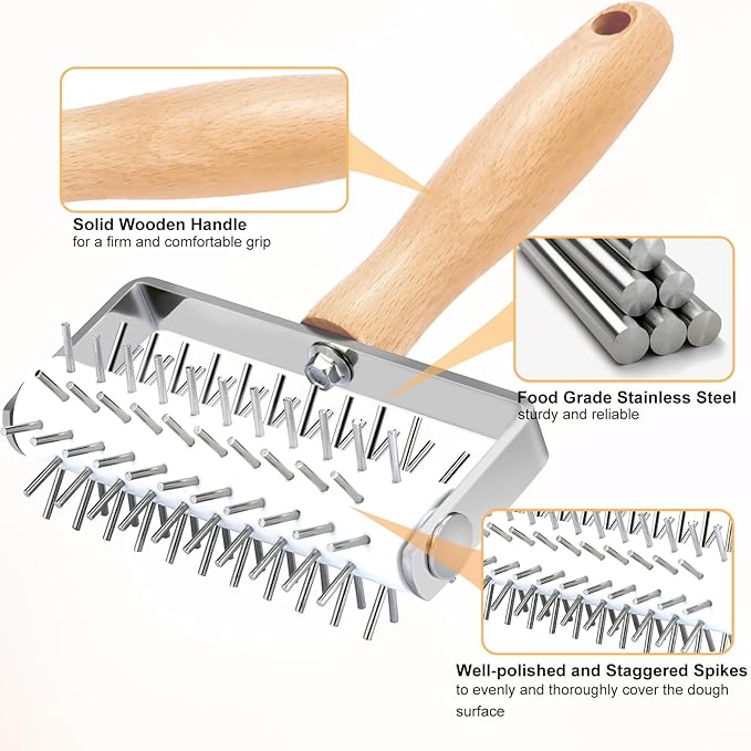 Pizza Dough Docker, Professional Dough Roller with Stainless Steel Spikes Wood Handle, Sturdy Pizza Docking Tool for Home & Commercial Kitchen, Time-Saver for Making Pizza Pie Pastry Bread