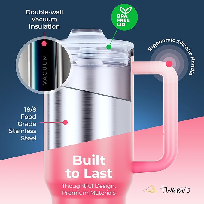 40 oz Tumbler With Handle and Straw Made of Stainless Steel - Double Wall Vacuum Insulated Tumbler With Lid - Sweat Proof Easy Grip, BPA-Free, Dishwasher Safe Tumbler (Misty Pink)