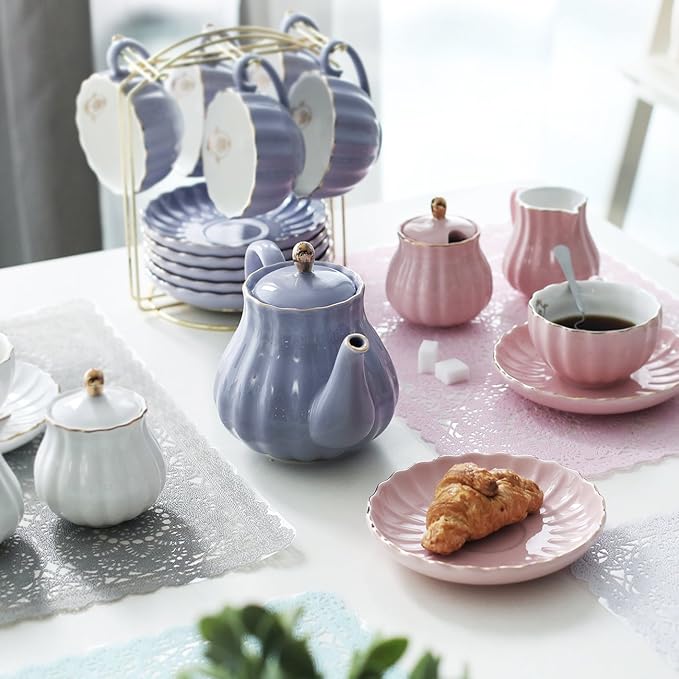 Sweejar Porcelain Tea Sets British Royal Series, 8 OZ Cups & Saucer Service for 6, with Teapot Sugar Bowl Cream Pitcher Teaspoons and Tea Strainer, Suitable for High Tea, Wedding, Party (Pink)