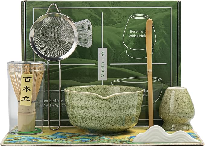 Matcha Set, Matcha Whisk Set Includes Matcha Bowl with Spout, Bamboo Whisk, Matcha Whisk Holder, Sifter, Scoop, Spoon Holder, Tea Towel- 7pcs Perfect Matcha Kit for Matcha Tea Ceremony (Jade Green)