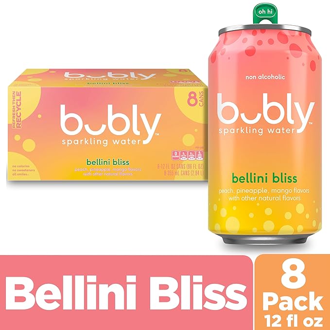 Bubly Sparkling Water, Bellini Bliss, Zero Sugar & Zero Calories, 12 fl oz Cans, (Pack of 8)