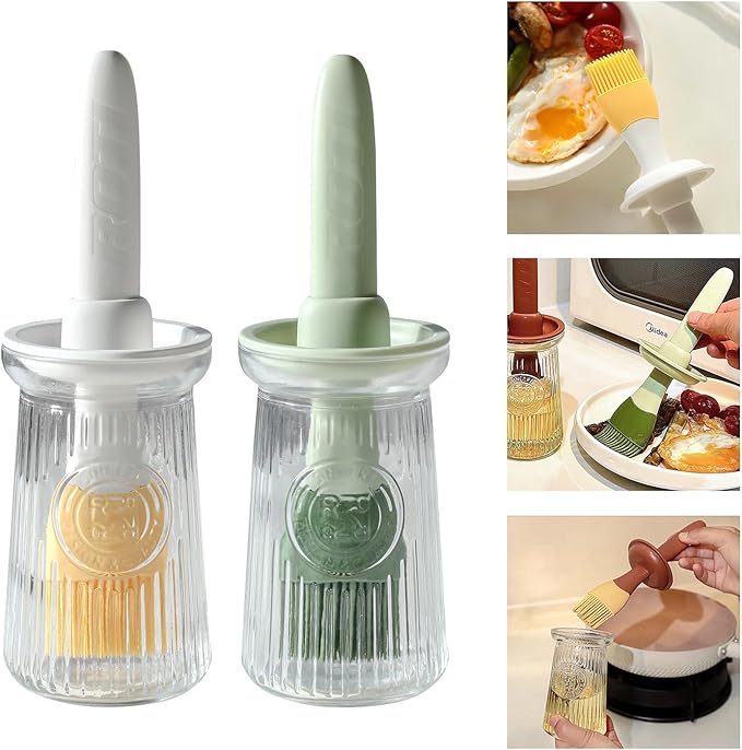 Oil Dispenser with Brush - Glass Olive Oil Dispenser for Kitchen, 3 IN 1 Oil Dispenser Bottle with Silicone Basting Brush for Cooking Vinegar Sauce BBQ Grill Frying (Green/White)