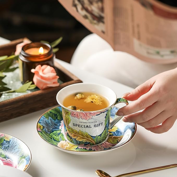 ACMLIFE Tea Cup and Saucer Set for 1, Vintage Floral Bone China Tea Cup Set with Saucer 24K Gold, Porcelain Tea Cup with Spoon and Gift Box, 6.8 oz (Green)