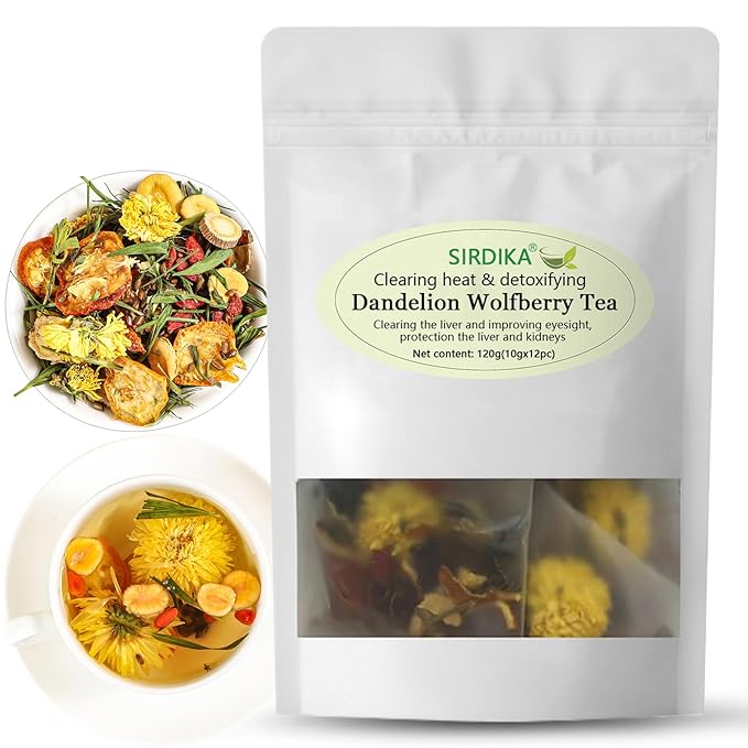 Dandelion Wolfberry Tea - Kidneys & Liver Health Tea, Seven Herbal Ingredients Natural Blend, Dandelion Chinese Wolfberry Tea Bags Organic 120g/12PC (1Bag(12Pcs))