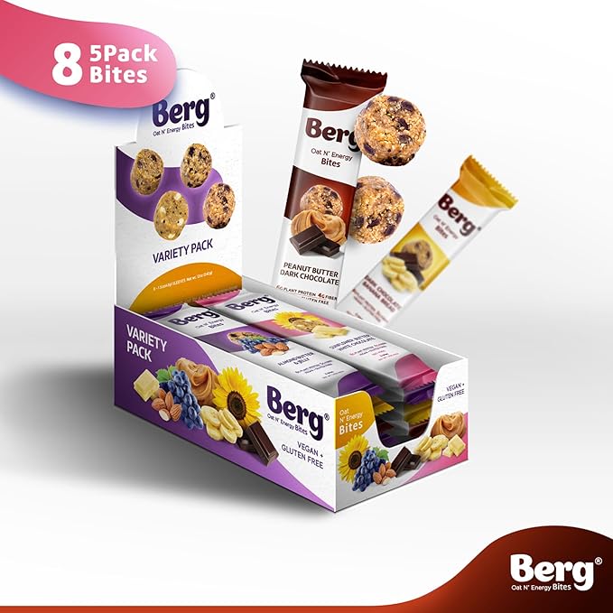 Berg Oat N' Energy Bites - Dark Chocolate Banana Bread - Non-GMO, Gluten Free, Dairy Free, Soy Free and Vegan - Clean Energy Snack - 1.5oz, (8 Pack)