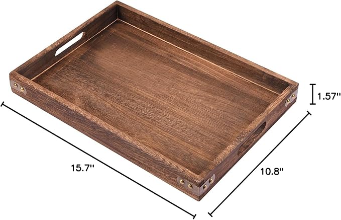 Wood Serving Tray, Rectangular Butler Serving Tray with Handle, Coffee Table Tray Decorative Tray for Tea, Coffee, Breakfast, Table Centerpieces 3 Pack