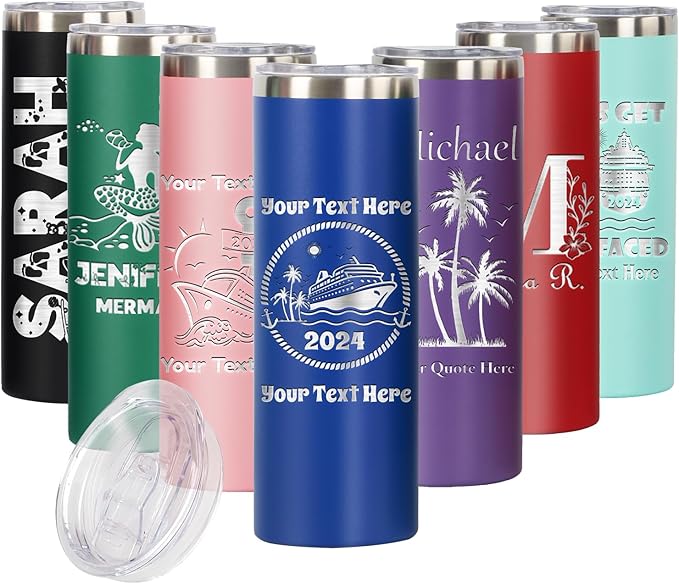 Personalized Skinny Tumbler 20oz with Slider Lid and Staw by iProductsUS - Personalized Laser Engraved Stainless Steel Custom Vacation Mug, 10 colors and 25 Designs, (Royal Blue)