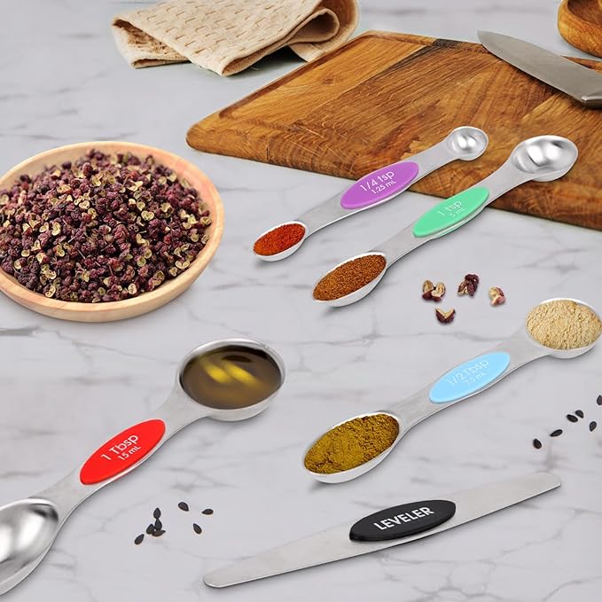 Magnetic Measuring Spoons Set - 7-Piece Stainless Steel Dual Sided Spoons with Leveler, Rustproof Nesting Design for Cooking, Baking & Medicine (US/Metric Markings, Dishwasher Safe)