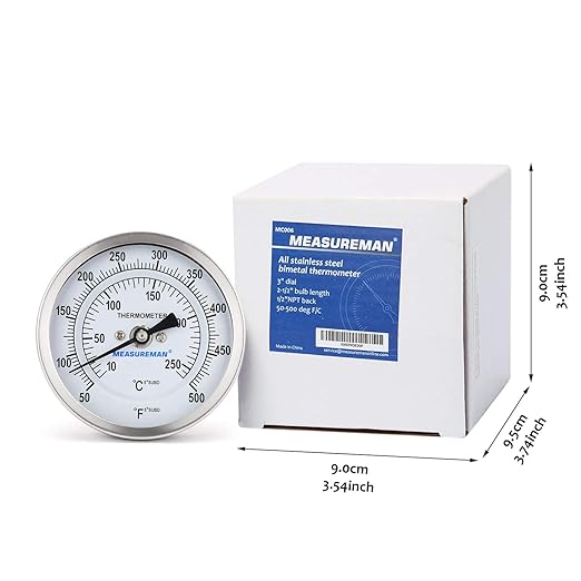 Measureman Fully Stainless Steel Bimetal Dial Thermometer, 3" Dial, 2-1/2" Stem, 50-550 deg F/10-260 deg C, -1% Accuracy, Adjustable, 1/2" NPT Back Mount