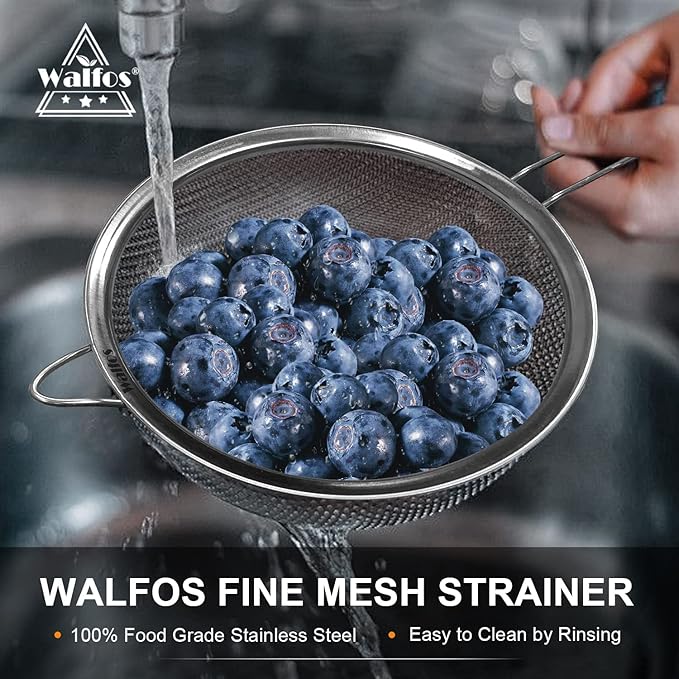 Walfos Large Fine Mesh Strainer 9.5" & 8", Stainless Steel Mesh Sieve with Sturdy Handle, Kitchen Metal Food Strainers for Quinoa, Rice, Pasta, Fruits, Vegetables, etc., Set of 2