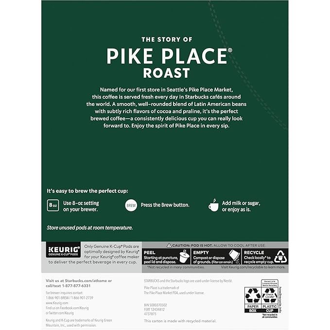 Starbucks K-Cup Coffee Pods, Medium Roast Coffee, Pike Place Roast for Keurig Brewers, 100% Arabica, 4 boxes (96 pods total)