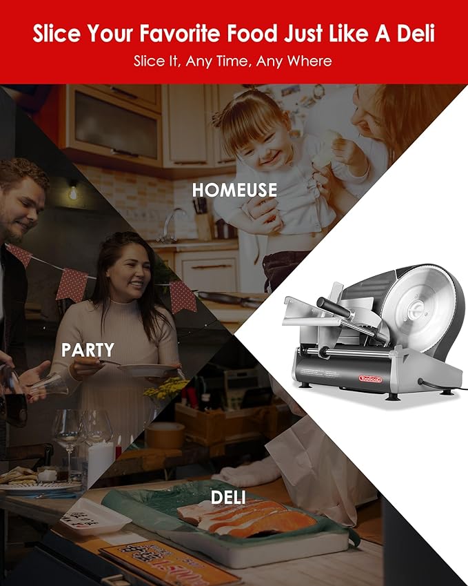 TOOGOOD 8.7" Meat Slicer, Electric Food Slicer Machine with Removable Stainless Steel Blade, Deli Food Slicer for Home Use, Slicing Frozen Meat,Hard Cheese, Ham and Deli, Black