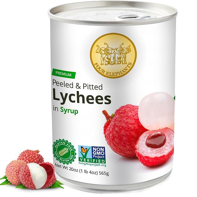 Premium Lychees in Syrup (3) - 20 oz | Natural Ingredient | Use For Mocktails, Cocktails, Drinks, Smoothies | Real Fruit Harvested At Peak Season | Four Elephants Brand | Non-GMO and Gluten-Free