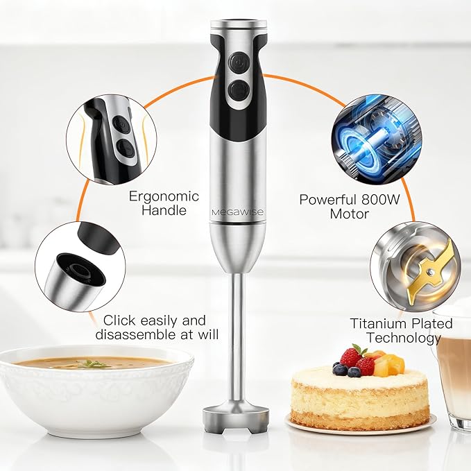 MegaWise Blender Handheld 12-Speed Stainless Steel Electric Hand Blender, 3 in 1 Immersion Handheld Blender，with Sturdy Titanium Plated Stainless Steel Blades(black)