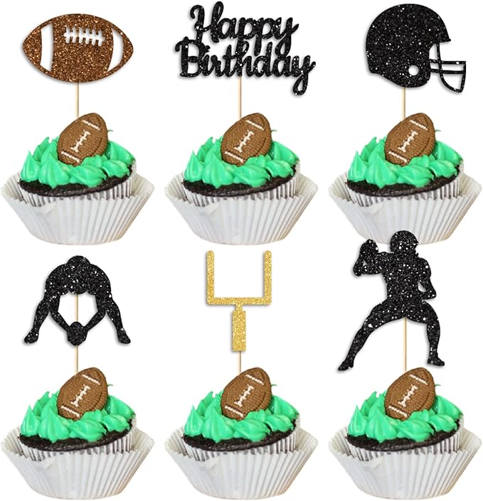 36PC Football Cupcake Toppers for Birthday,Glitter Football Cake Toppers for Boys Birthday,Football Birthday Party Decorations Supplies