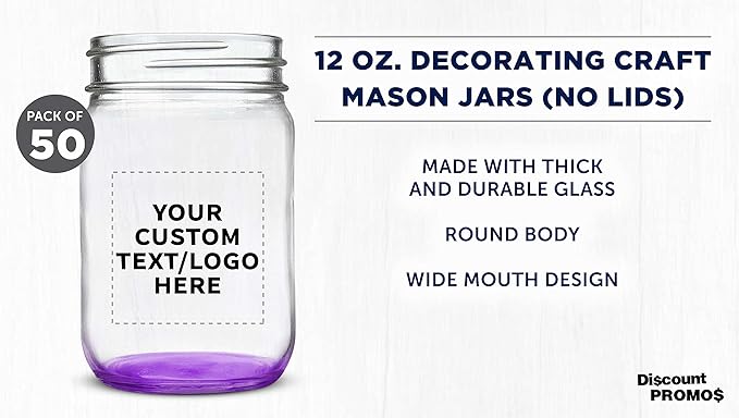 DISCOUNT PROMOS Custom Decorating Mason Jars 12 oz. Set of 50, Personalized Bulk Pack - Glass Jars for Overnight Oats, Candies, Fruits, Pickles, Spices, Beverages - Purple