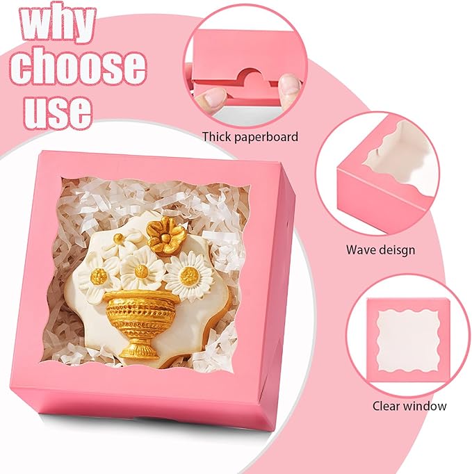 40PCS 4x4x2 Inches Pink Bakery Boxes with Clear Window – Ideal for Cookie, Strawberry, Macaron, Ores, Chocolate Truffles, Donut, Pie –Great for Party, Wedding, Valentine's, Birthday, Christmas Favor