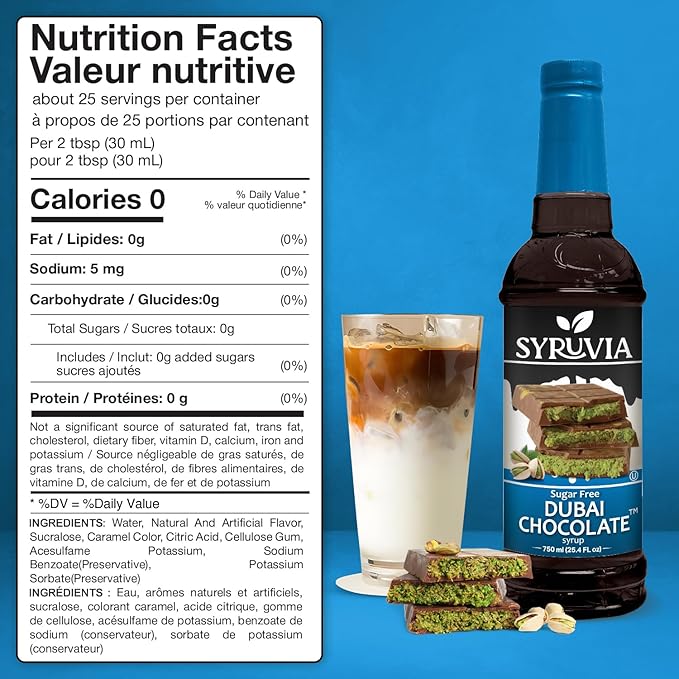 Syruvia Sugar Free Coffee Syrup, Dubai Chocolate Flavored Syrup for Drinks, Lattes, and Desserts – 25.4 fl oz