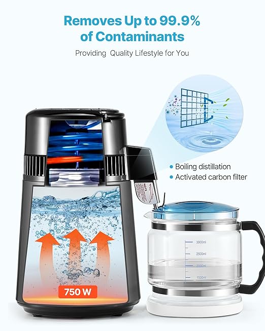 VEVOR Water Distiller, 4L /1.1 Gallon Pure Water Distilled for Home Table Countertop, 750W Distilling Maker with Glass Carafe, Stainless Steel Interior Drinking Machine to Make Clean Waters, Grey