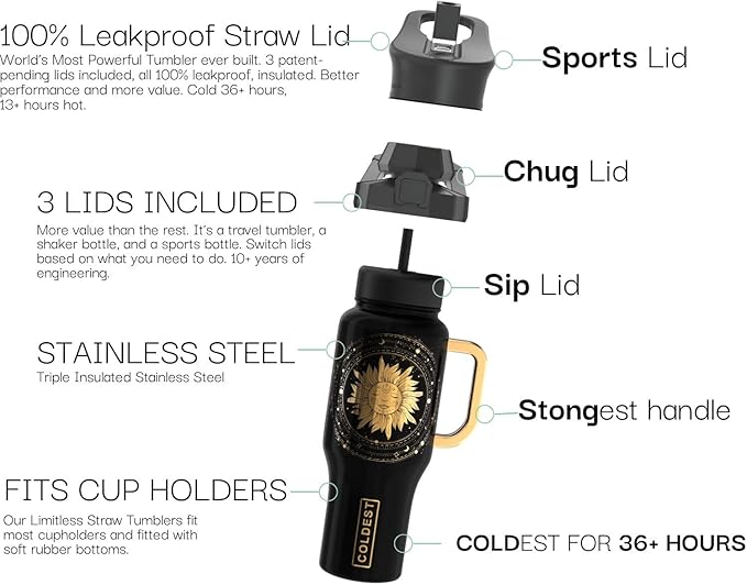Coldest 40 oz Tumbler with Handle and Straw - 100% Leak Proof Insulated Tumbler with Lid and Straw (3 Lids) - Stainless Steel Tumblers for Women & Men - Cup Holder Friendly Base, 36 oz (Zen)