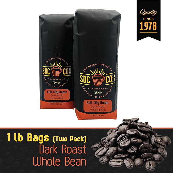 San Diego Coffee Full City Roast, Dark Roast, Whole Bean Coffee, 16-Ounce Bags (Pack of 2) Café en grano tostado
