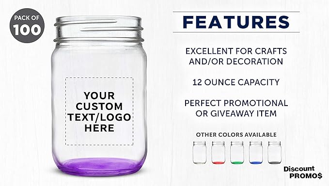 DISCOUNT PROMOS Custom Decorating Mason Jars 12 oz. Set of 100, Personalized Bulk Pack - Glass Jars for Overnight Oats, Candies, Fruits, Pickles, Spices, Beverages - Purple