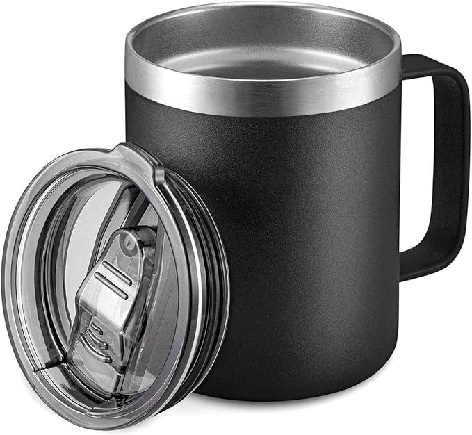 ALOUFEA 12oz Stainless Steel Insulated Coffee Mug with Handle, Double Wall Vacuum Travel Mug, Tumbler Cup with Sliding Lid, Black