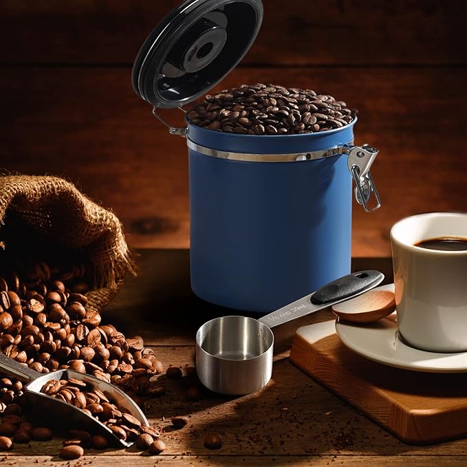 ShanSon Coffee Canister Airtight Coffee Container Stainless Steel Coffee Bean Storage Container with CO2 Release Valve and Scoop Coffee Canister for Beans,Grounds,Sugar,Flour,Tea,Cereal,16OZ,Blue