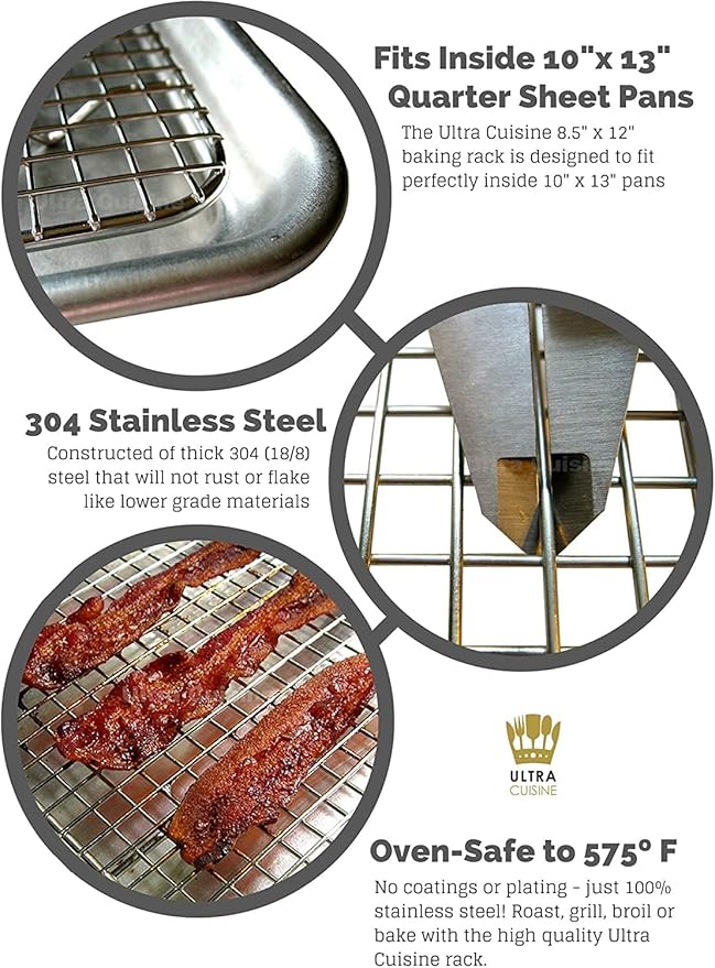 Ultra Cuisine Heavy Duty 100% Stainless Steel Cooling Rack for Cooking and Baking - Baking Rack & Wire Cooling Rack - Fits Quarter and Jelly Roll Sheet Pans - 8.5''x12''' and 10''x14.75''
