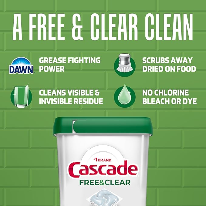 Cascade Free & Clear Dishwasher Pods, Dishwasher Detergent, Dish Detergent Soap, Lemon Essence, 47 Count