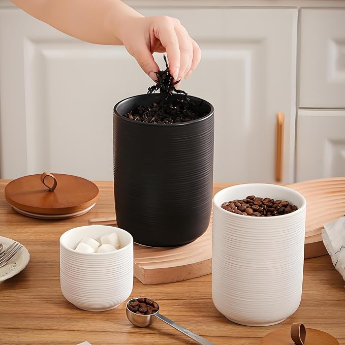 Food Storage Jar Strong Ceramic Storage Canisters with Airtight Wooden Lid,Kitchen Storage Containers for Serving Coffee Beans, Tea, Sugar, Salt, Spices (Black three-piece set)
