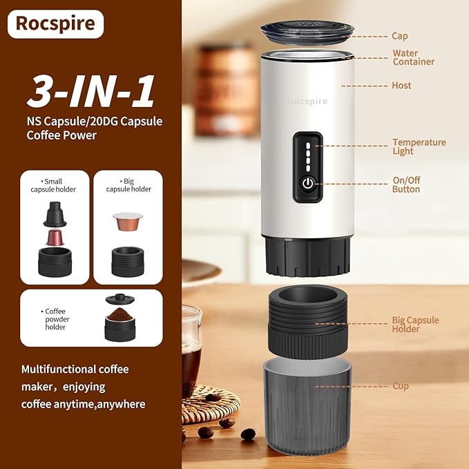 Stainless Steel Portable Espresso Maker | 7500mAh Rechargeable Battery | 20 Bar Self-Heating with USB-C | Works with Most Capsules Compatible for Camping, Travel, Outdoor (White)