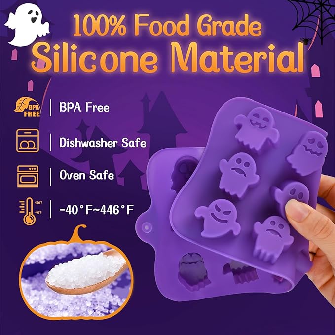 JOERSH Halloween Chocolate Silicone Molds, 4PCS Pumpkin Ghost Shaped Candy Mold Non Stick Baking Pan for DIY Chocolate, Fondant, Jello, Gummy, Candy, Cake Topper, Dessert Decorating