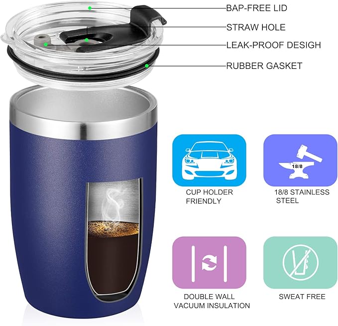 VEGOND Stainless Steel 12 oz Tumblers bulk Vacuum Insulated Double Wall Travel Tumbler with Lid and Straw Reusable Tumbler, Navy Blue 6 pack