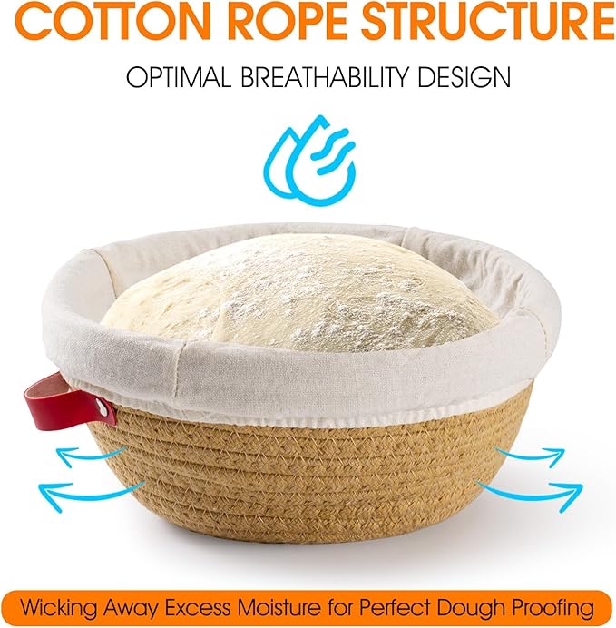 Cotton Rope Banneton Bread Proofing Basket Set - Includes handmade two round bread baskets with liners and covers. Ideal for sourdough bread baking supplies and starters