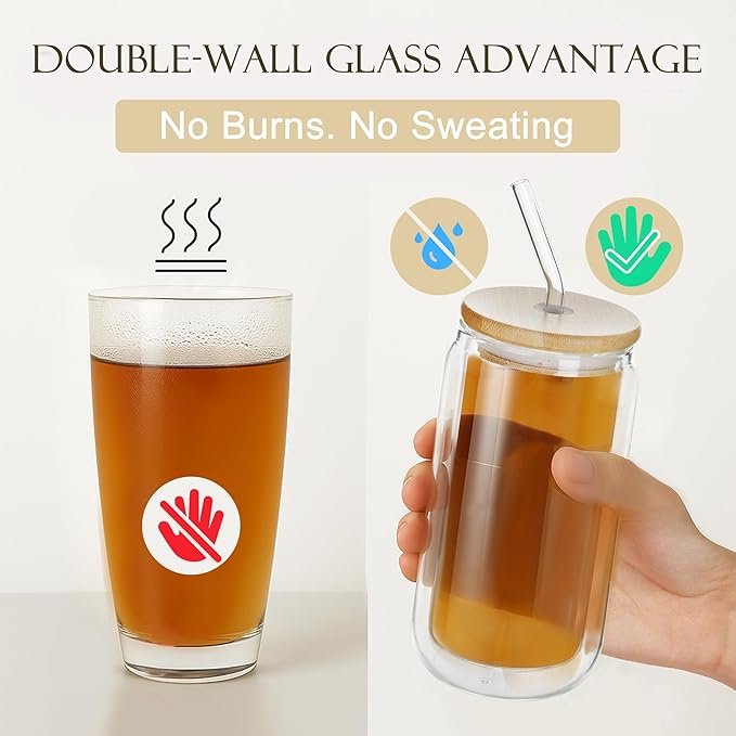 LIBWYS 12oz Double Wall Drinking Glass Cups with Bamboo Lids and Straws, 2 Pc Set – Condensation Resistant Insulated Glass Can Tumblers for Cold Drinks, Iced Coffee, Tea, Juice, Cleaning Brush