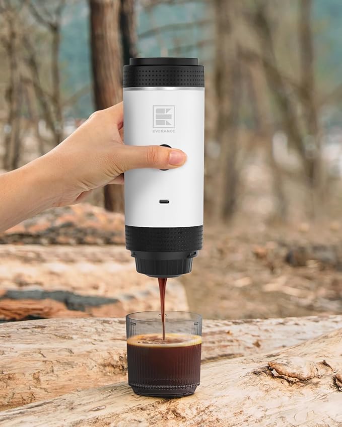 Portable Electric Espresso Machine, Car Coffee Maker for Travel Camping, Battery Powered Coffee Brewer Compatible with Ground Coffee & NS Capsules, White