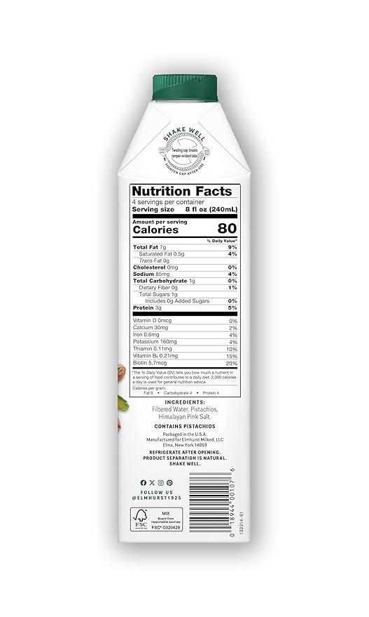 Elmhurst 1925 Pistachio Milk Unsweetened - 32 Ounce (Pack of 6) Dairy-Free, Gluten-Free, Vegan, Kosher, Shelf Stable Milk Made with Water & Pistachios for Healthier, Simpler Plant-Based Alternatives