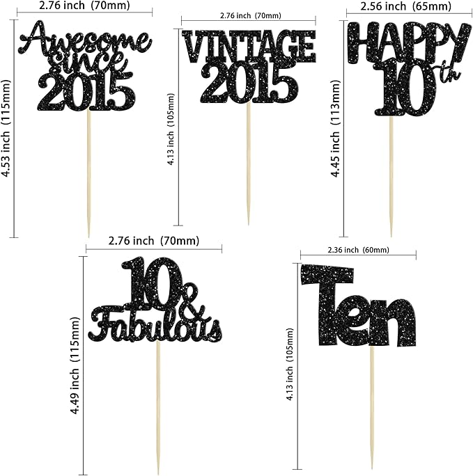 Gyufise 30Pcs Vintage 2015 Cupcake Toppers Glitter Ten Happy 10th Cupcake Picks Cheers to 10 Years Birthday Cake Decorations for Happy 10th Birthday Anniversary Party Supplies Black
