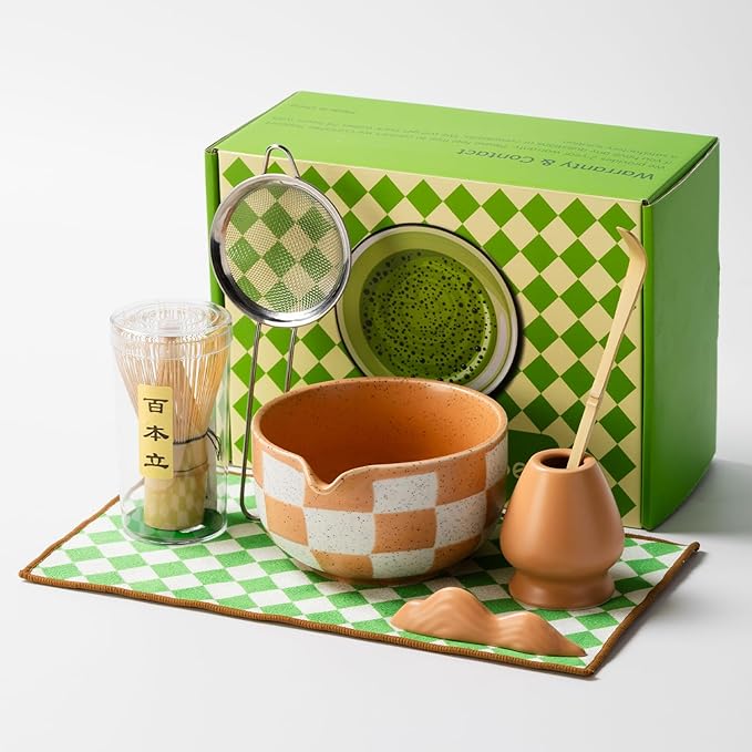 Premium 7-Piece Matcha Tea Set – Traditional Japanese Style with Elegant Grid Pattern, Includes Bamboo Whisk, Ceramic Bowl, Scoop & More – Perfect for Matcha Lovers & Tea Ceremony (Orange grid)