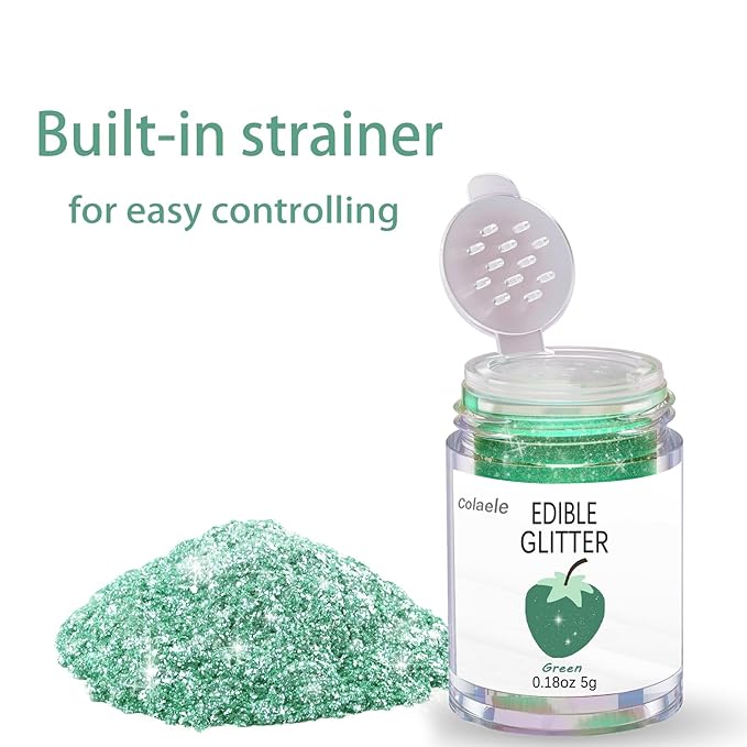 Green Edible Glitter Glimmer Powder for Cakes Drinks - Colaele 5 grams Food Grade Luster Dust Metallic Food Decorating Sprinkle Disco Brew Dust for Cake Decorations Wine Beverage Candy Dessert, Vegan
