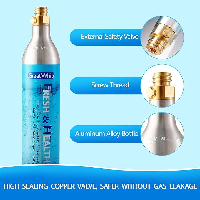 GreatWhip 60L CO2 Cylinder For Sodastream, Exchange Carbonator, Compatible w/All Threaded 'Screw-In' Soda Makers, Threaded Cylinders, NOT for quick-connect models, Set of 6