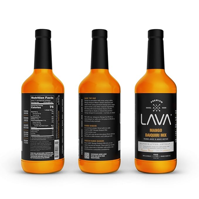 LAVA Premium Mango Daiquiri Mixer, Non-Alcoholic Natural Mango Mix for Cocktails, Smoothies, Margaritas, Daiquiris, Soda, and More. Made with Real Mango Juice, Cane Sugar, Agave Nectar. No Artificial Sweeteners, Flavors, or Colors. Gluten Free, Vegan, ...