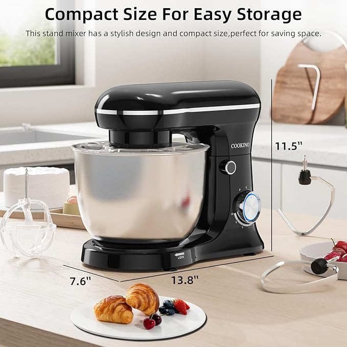 Electric Stand Mixer,10 Speeds Tilt-Head Food Mixer, 3-IN-1 Kitchen Mixer for Daily Cooks with 6.5 QT Bowl,Dough Hook, Beater, Whisk (Onyx Black)
